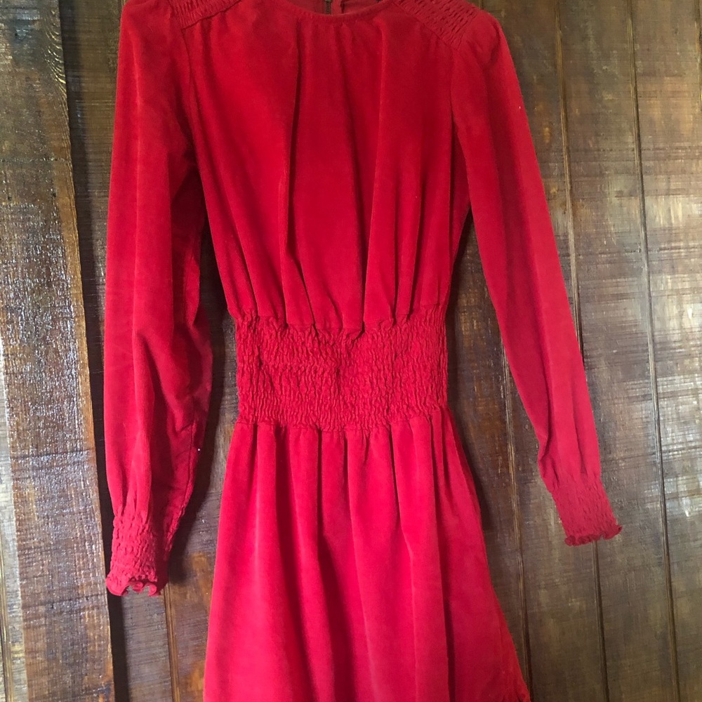 Cordory dress with tugged waste and sleeves